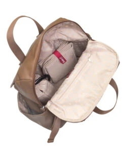 Sac à Dos à Langer Robyn En Cuir Vegan Caramel -Bébés Produits Magasin sac dos langer robyn cuir began caramel babymel bambinou ouvert